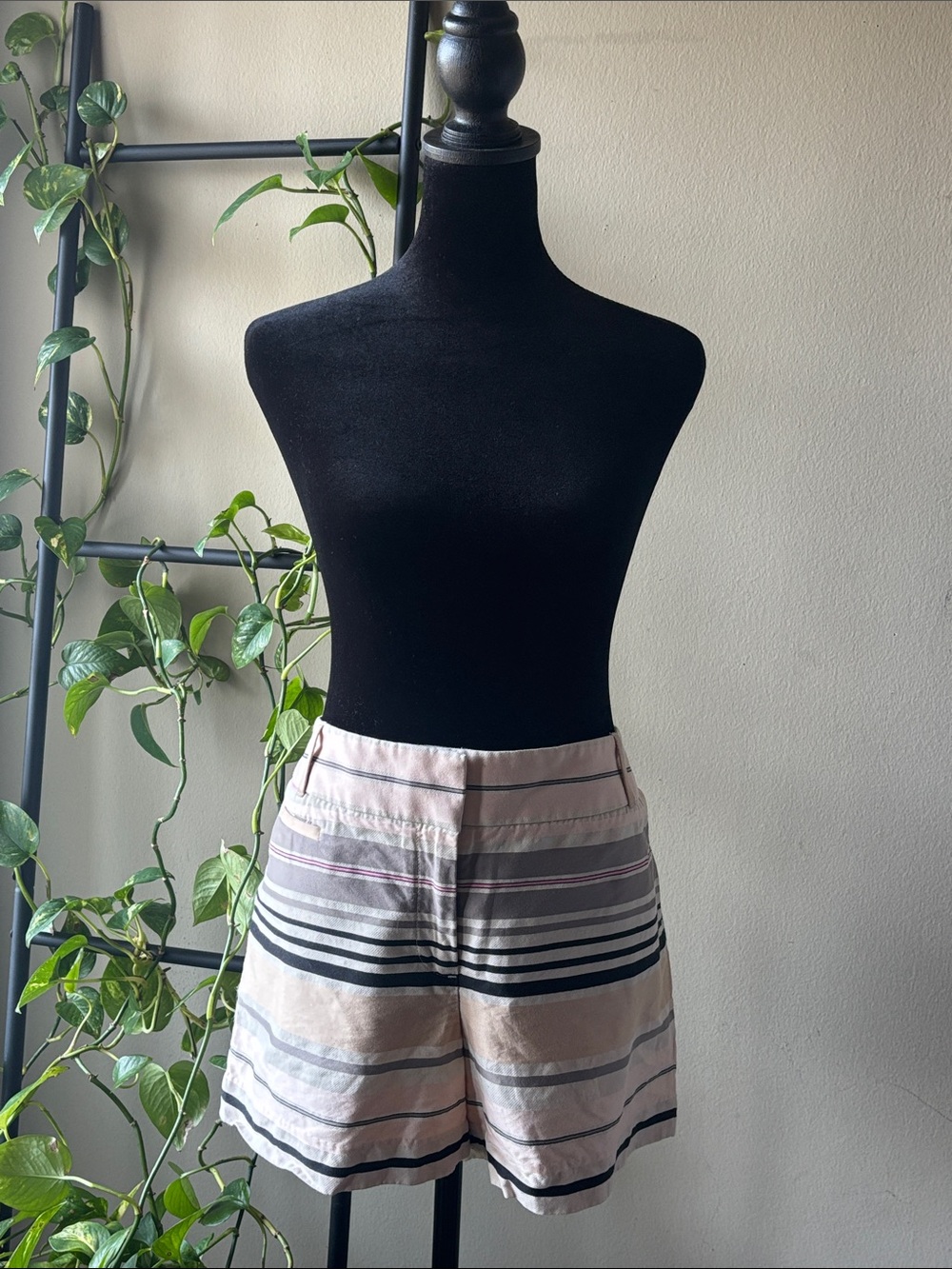 LOFT Striped High-Rise Shorts in Soft Pink and Gray